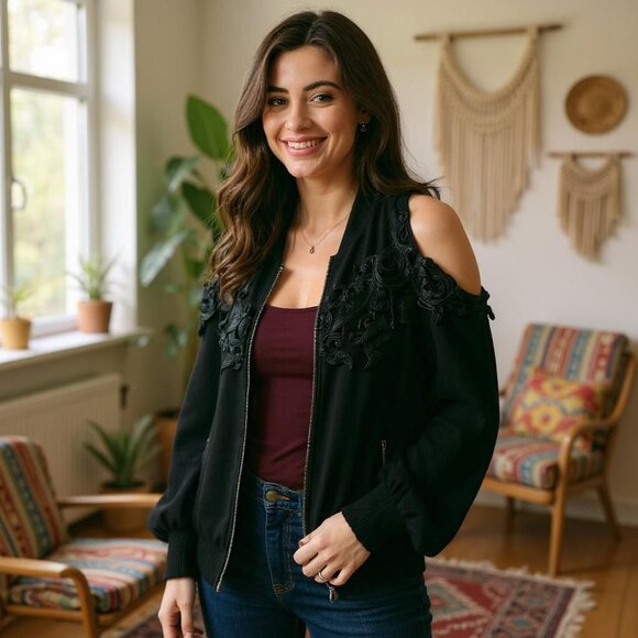 NEW 》🖤 RARE Cold Shoulder Jacket Blouse - Picture 2 of 6